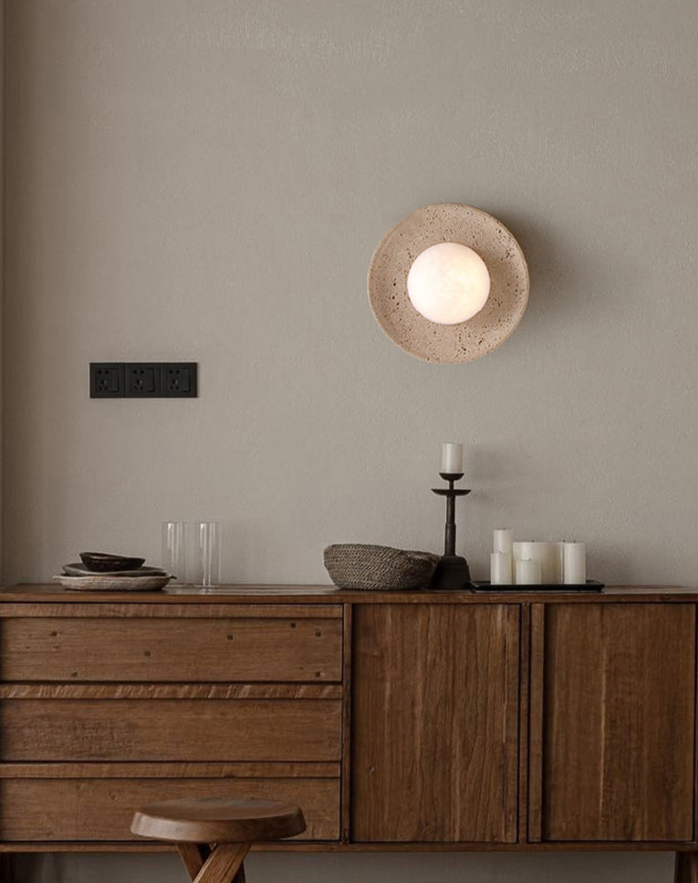 ZENORA | Circular Travertine Wall Light With Globe Wall Light TYFFI HOME