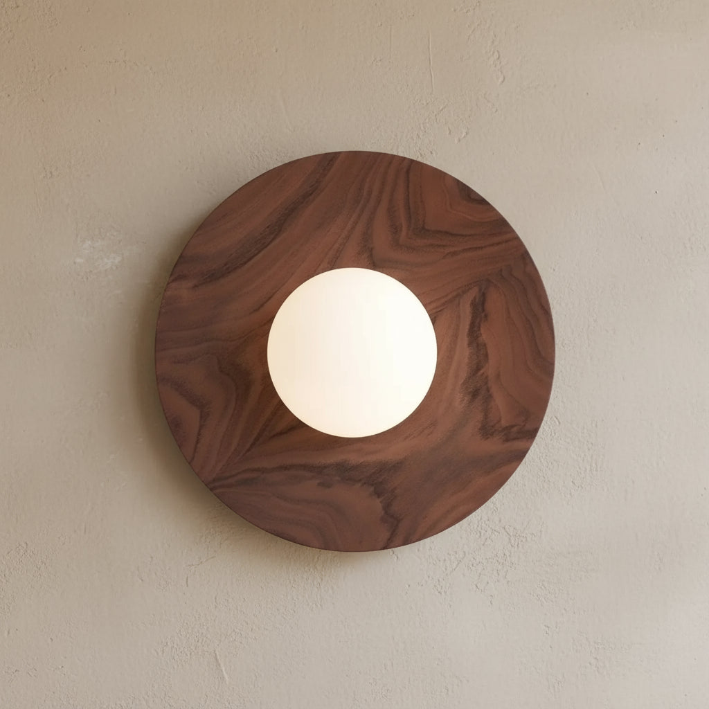 Wooden circular light fixture on a white background