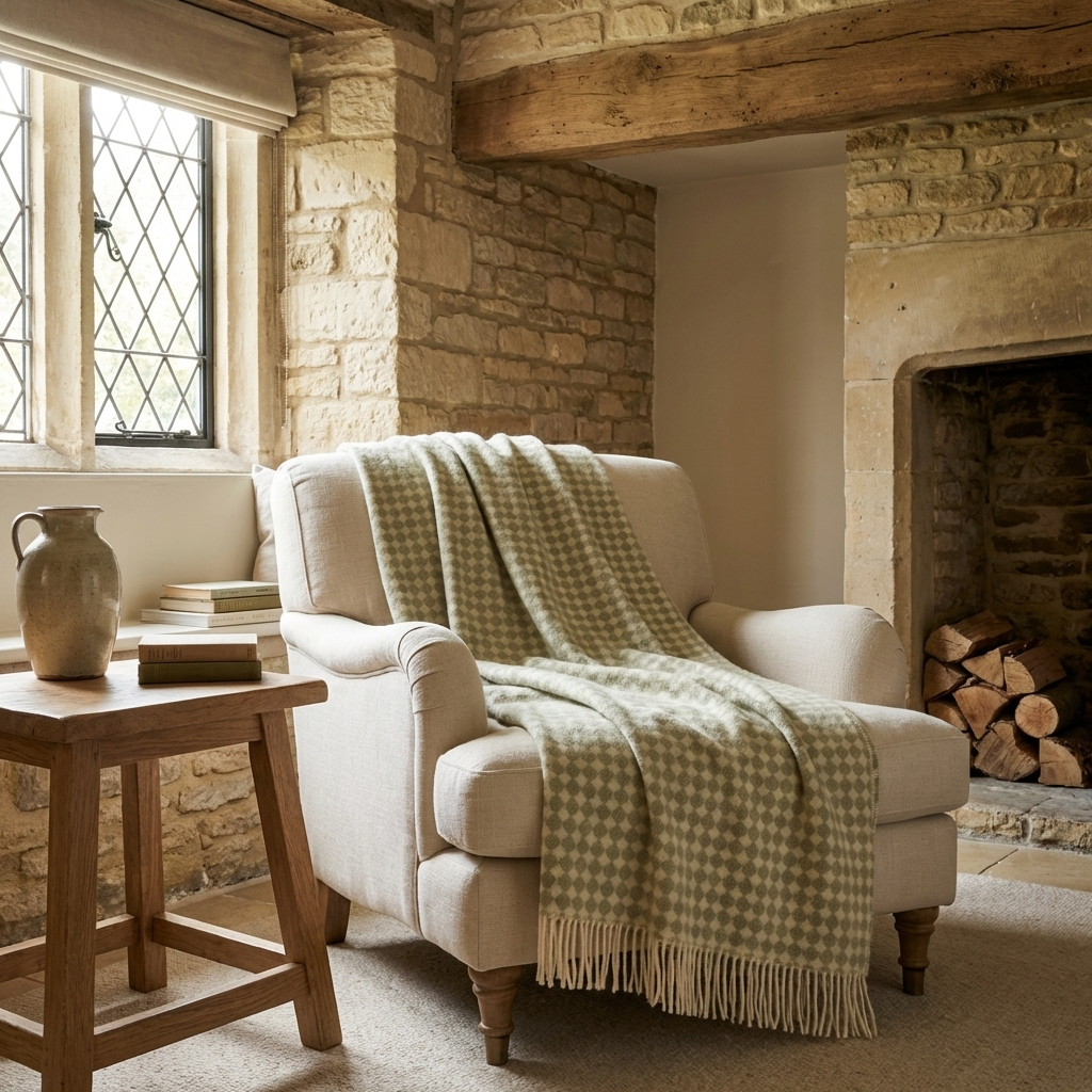 Cozy living room with a white armchair draped with a green checkered blanket, wooden table, and stone fireplace.