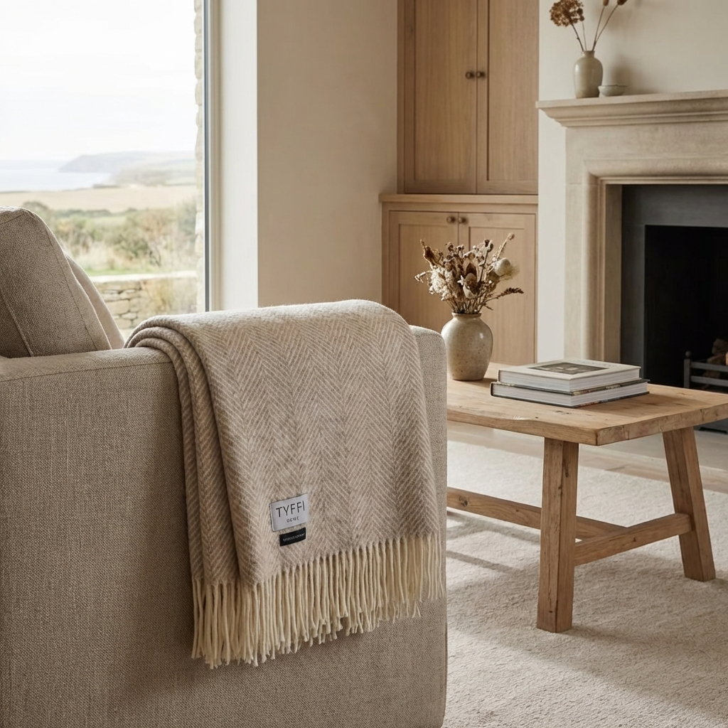 Beige throw blanket draped over a sofa in a cozy living room with a fireplace and wooden coffee table.