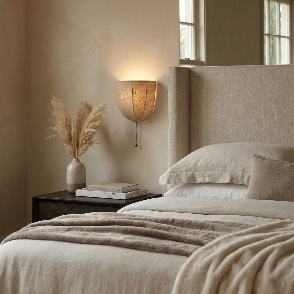 Neatly made bed with beige bedding in a bedroom setting.
