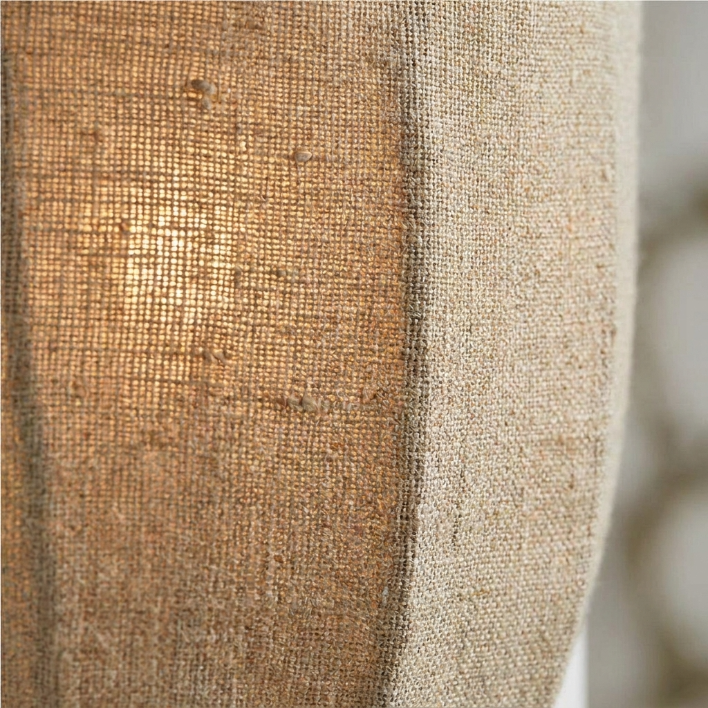 Close-up of linen fabric swatch, one brown and one beige, on a blurred background.