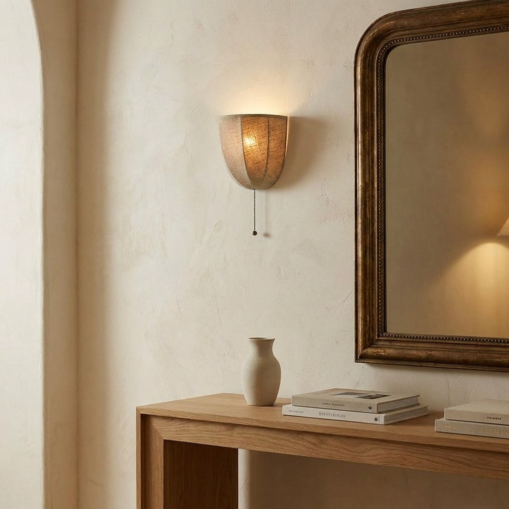 Wall sconce, mirror, and small table with decor items in a room setting.