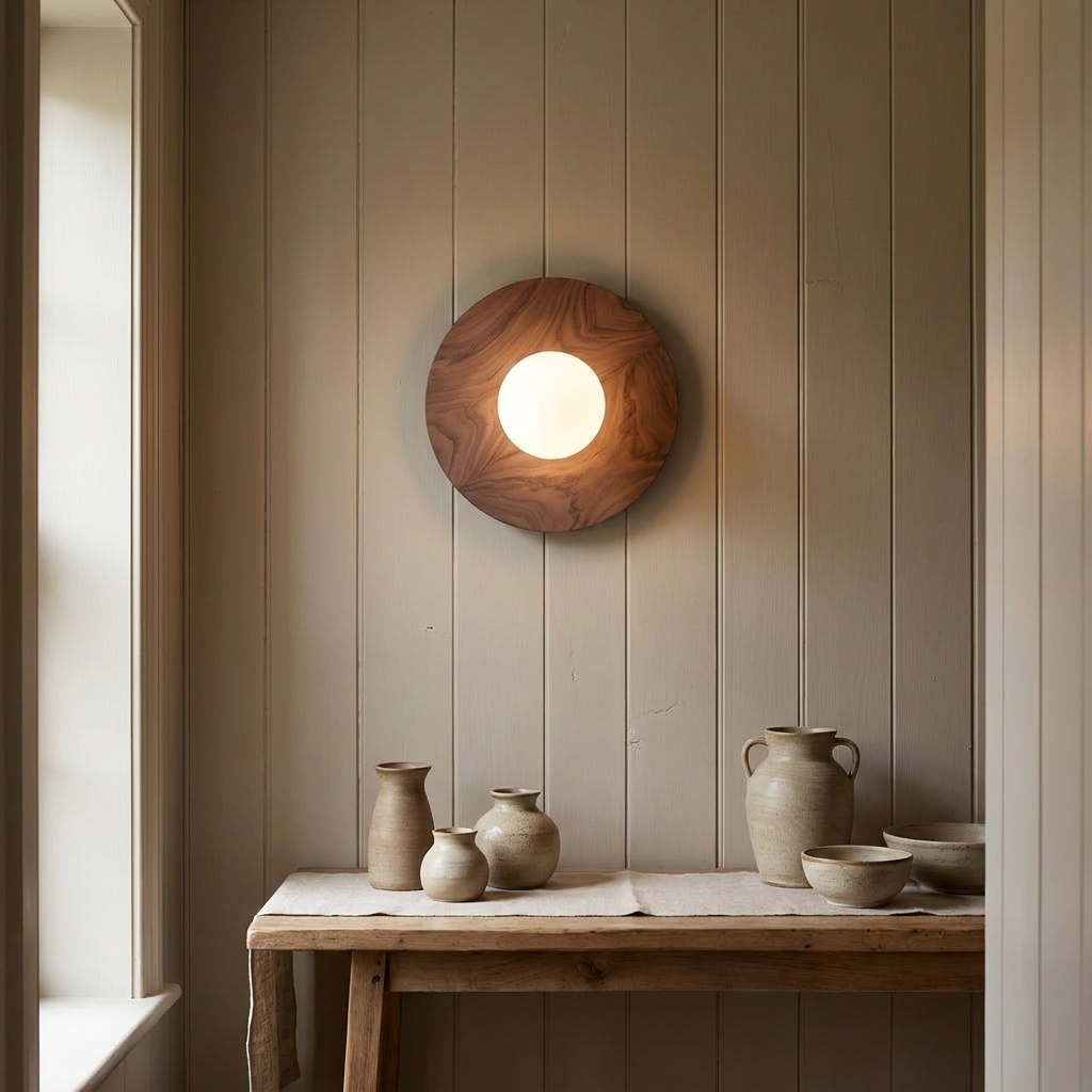 Wooden Walnut wall light fixture above a wooden table with ceramic vases against a paneled wall.