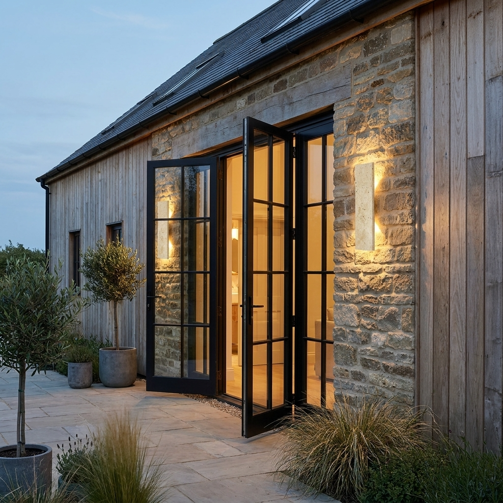 outdoor travertine wall light on a barn conversion