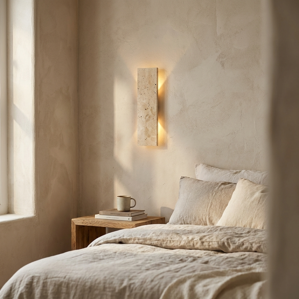 Neatly made bed in a bedroom with a wall-mounted travertine light fixture and a small table.
