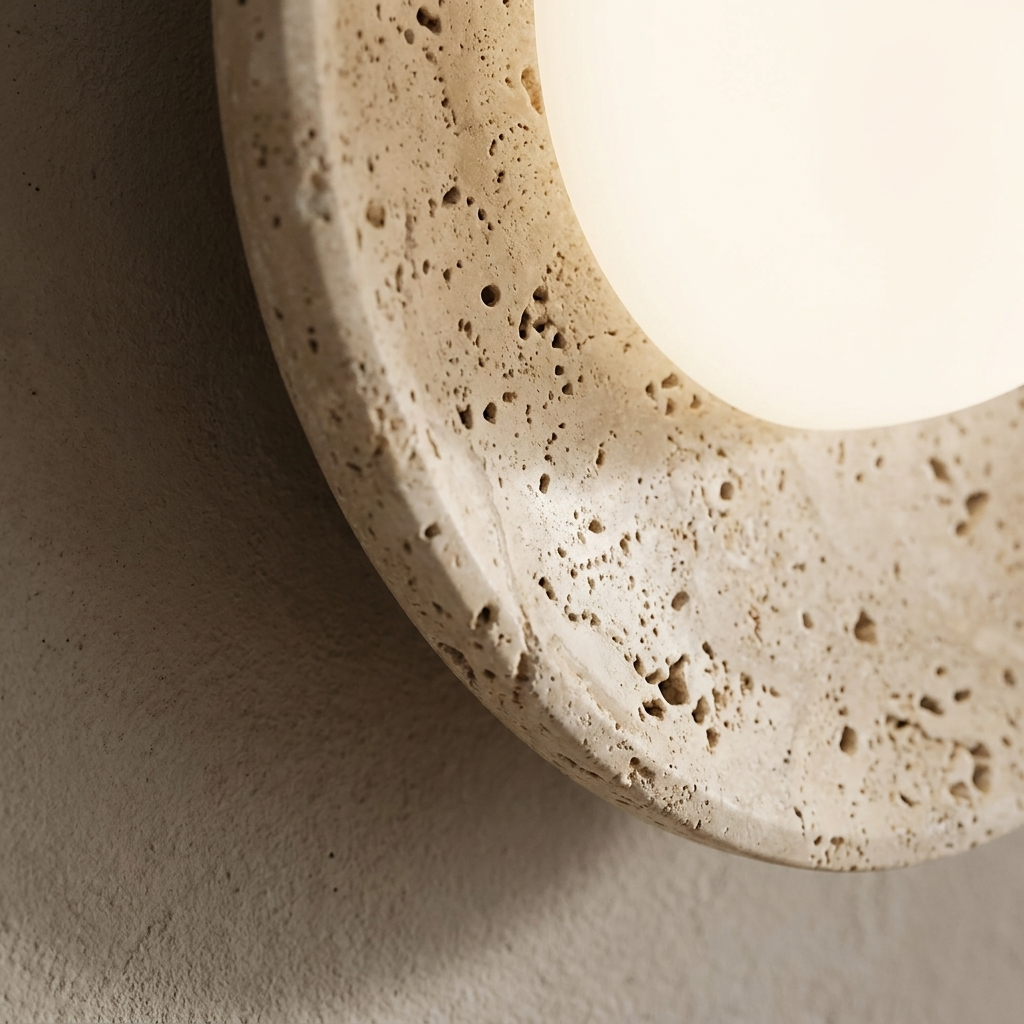 Close-up of a textured travertine wall light fixture.