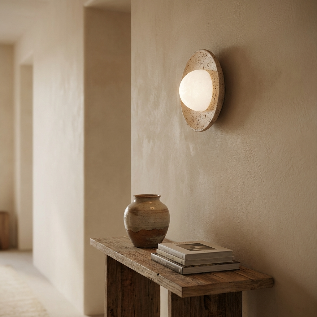 Round travertine wall light fixture on a beige wall with a wooden table and vase below.