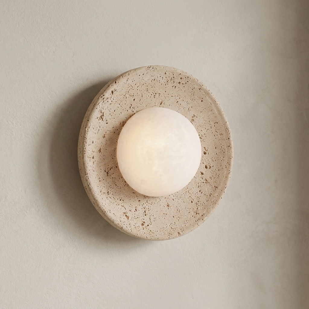 Round travertine wall sconce with a textured beige base on a neutral background