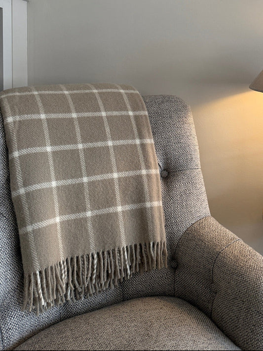Cozy living room corner with a gray armchair and plaid blanket