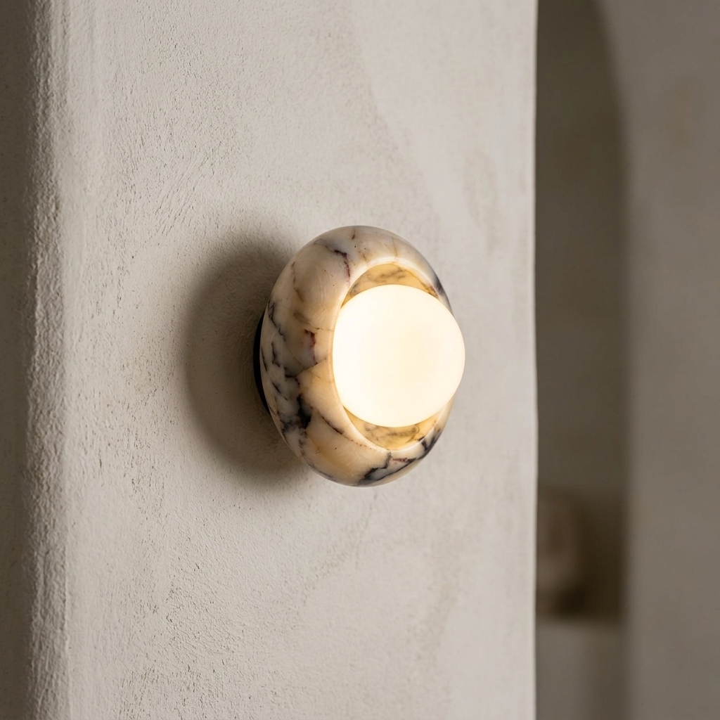 Round wall light fixture with marble-like finish on a neutral wall.