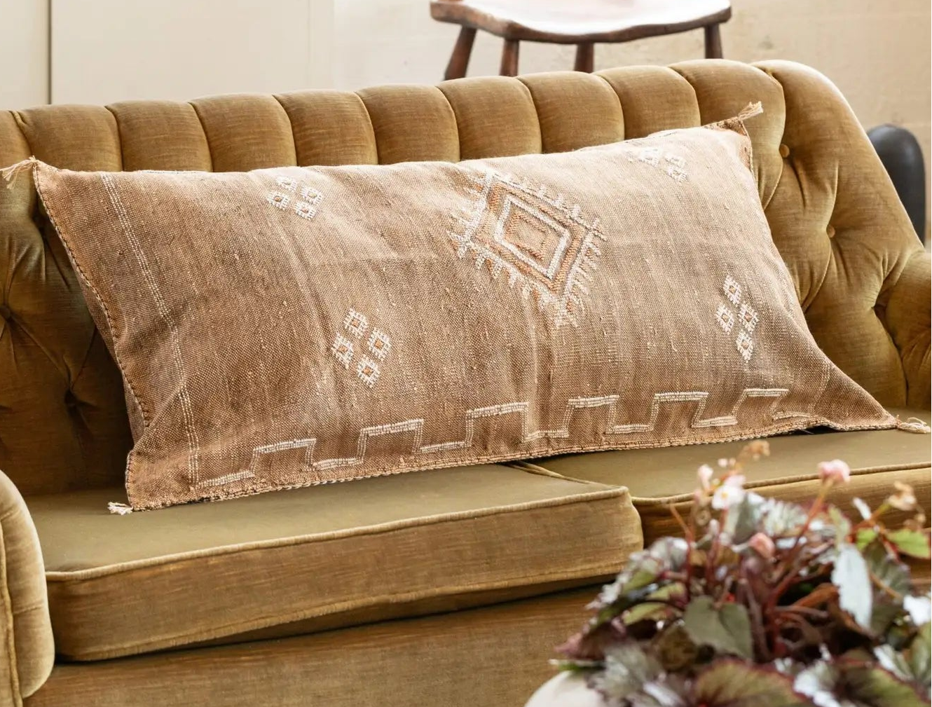 Brown textured pillow on a beige sofa with a plant in the foreground
