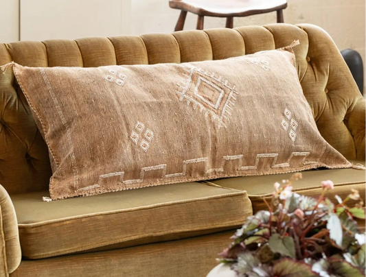 Brown textured pillow on a beige sofa with a plant in the foreground